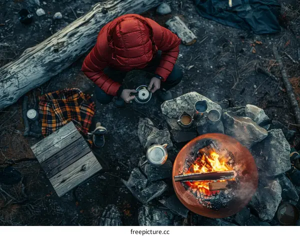 Man in red jacket making coffee over campfire
