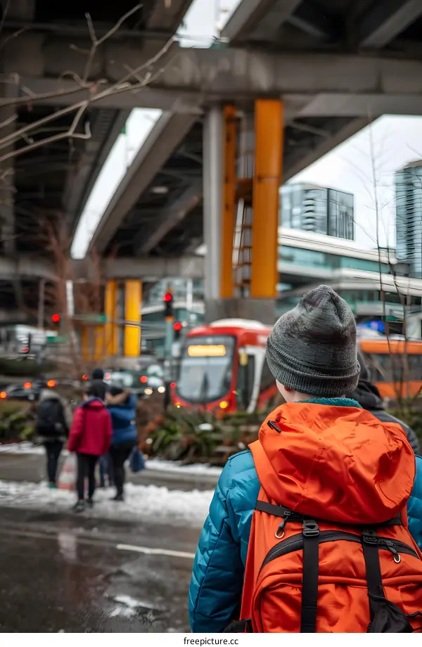 Person with Backpack Waiting for Bus Under an Overpass