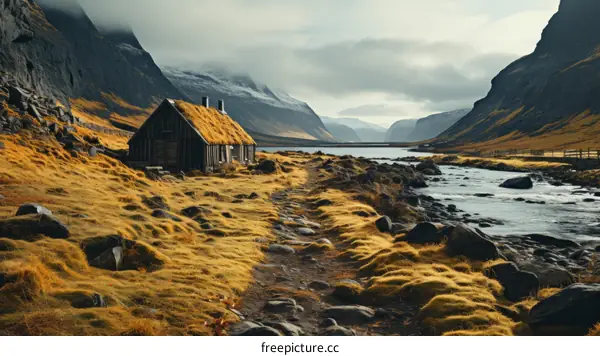 Thatched Roof Cottage in a Picturesque Mountain Valley