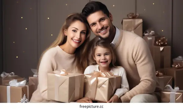 Family of three opening Christmas presents