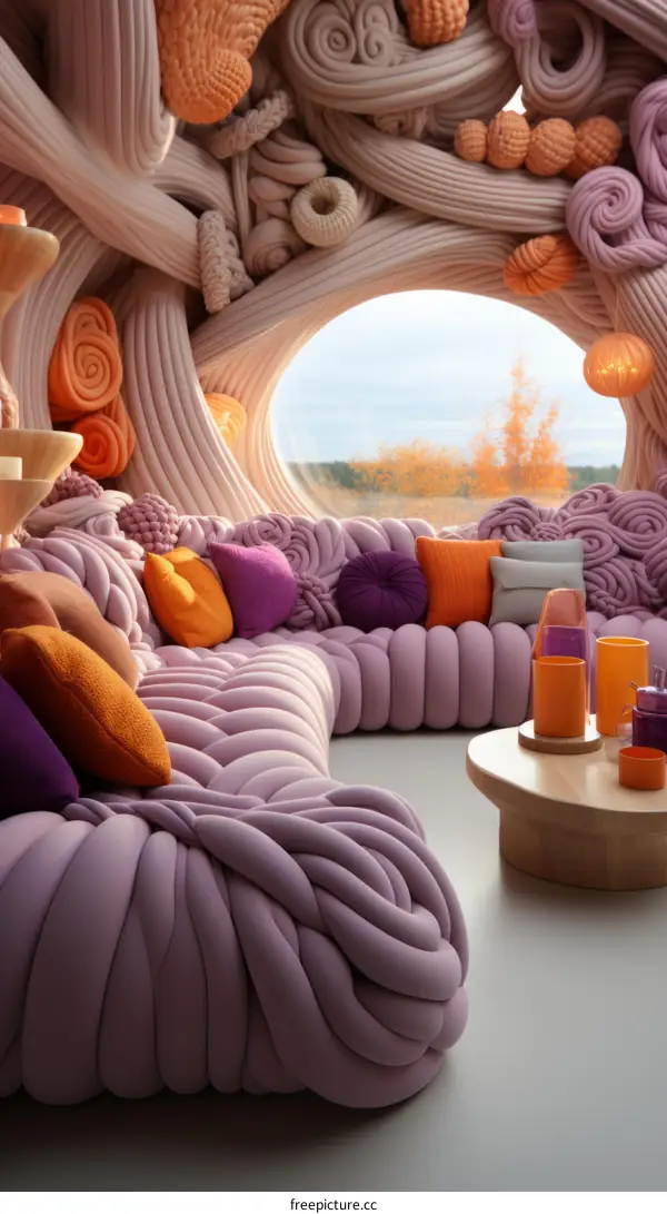 A Surreal Living Room with Yarn Wrapped Furniture