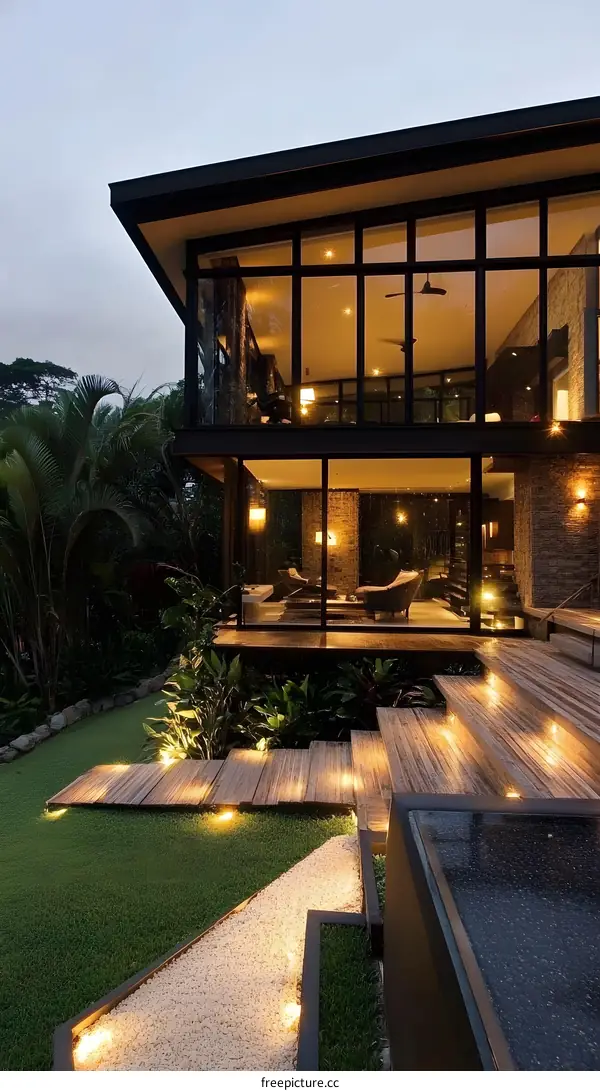 Modern House with Wooden Deck and Stone Exterior