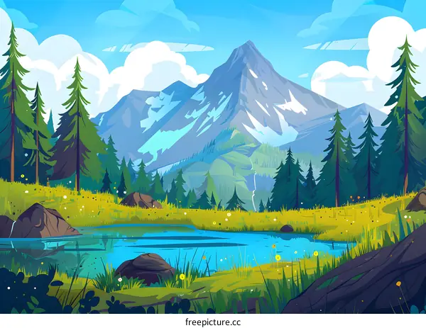 Mountain Lake and Forest Landscape Illustration