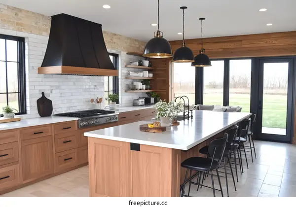 Modern Farmhouse Kitchen with Large Island and Black Accents