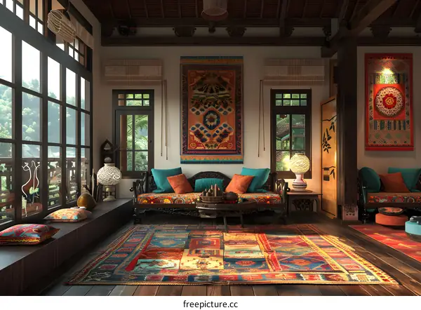 Bohemian Style Living Room Interior Design With Colorful Rug