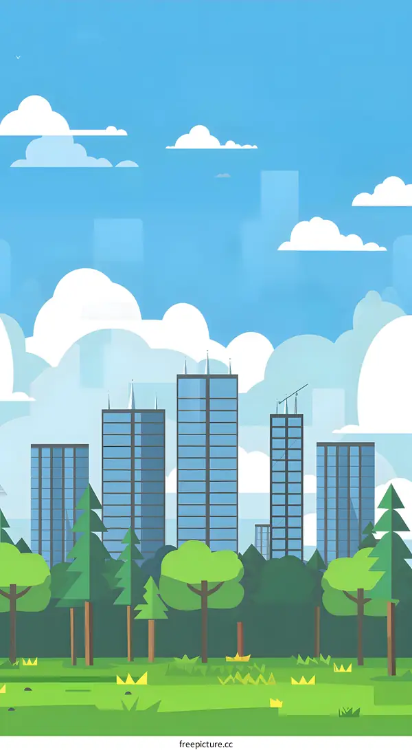 Flat Design Cityscape with Green Trees and Blue Sky