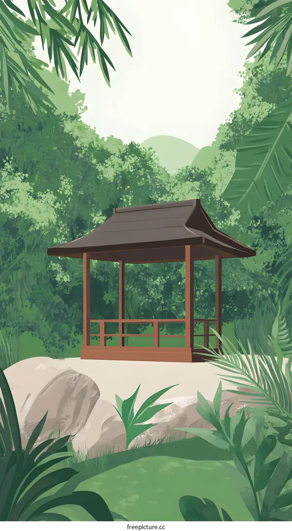 Japanese Style Wooden Gazebo in Lush Tropical Garden