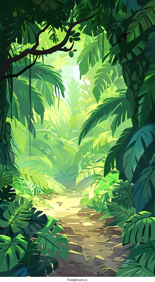 Green Jungle Path with Lush Foliage and Sunbeams