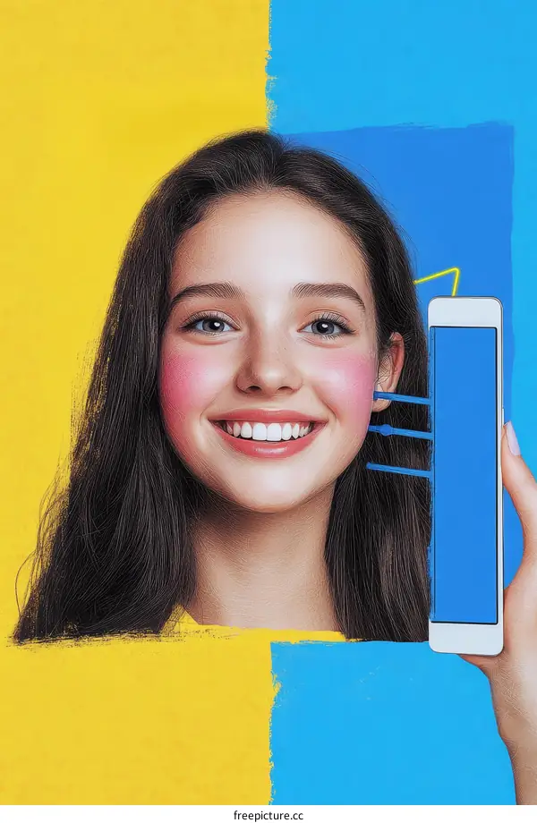 Happy Teenager Holding a Phone on Vivid Colors
