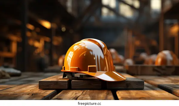 An Orange Hard Hat Sits on a Wooden Surface