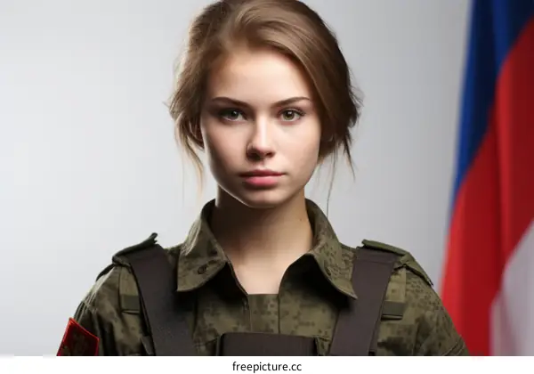Portrait of a young female soldier in front of the Russian flag
