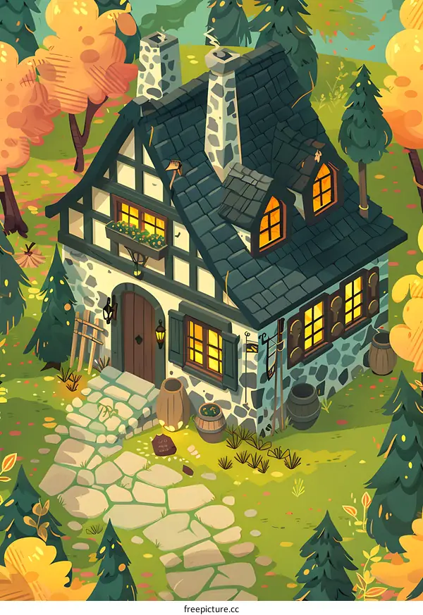 Cozy Cottage in the Forest with Autumn Trees