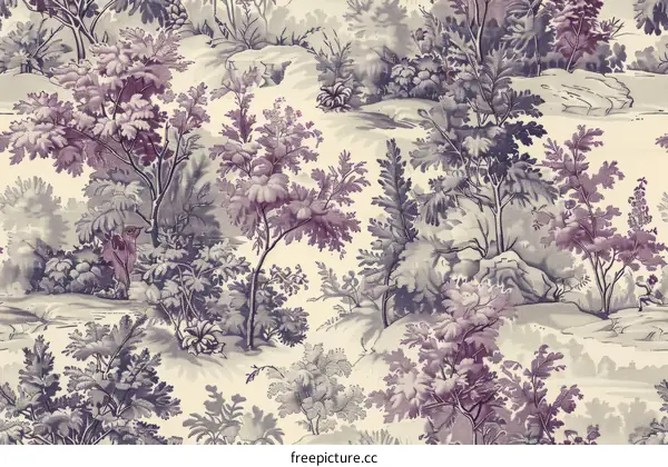 Toile de Jouy Fabric with Hunting Scene in Purple and Gray
