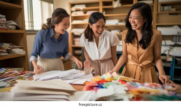 Three Asian women laughing while working in a textile studio