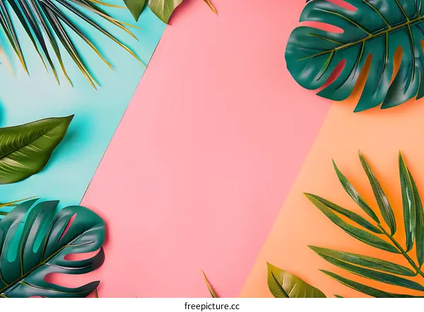 Tropical Leaves On Color Background