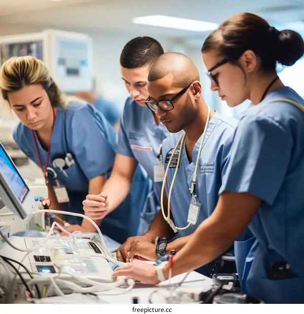 Four medical professionals wearing blue scrubs while working in a hospital