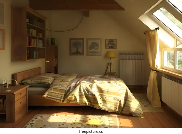 Cozy Bedroom with Wooden Beams and Skylight