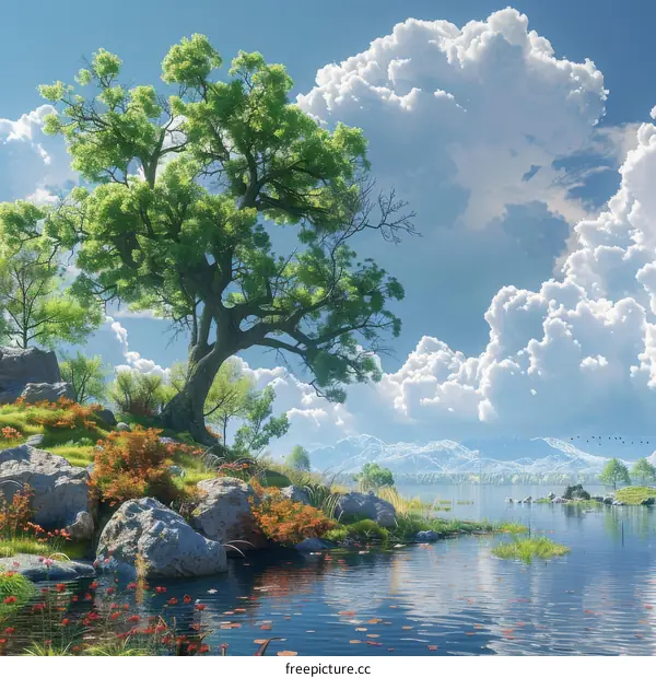 Tranquil Landscape with a Lone Tree by a River