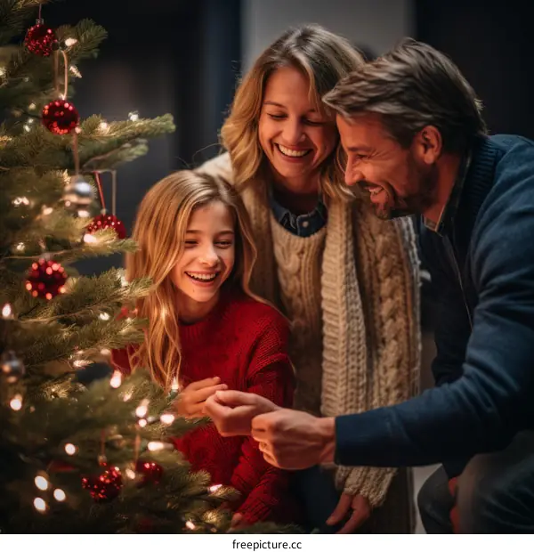 Happy family decorating Christmas tree together