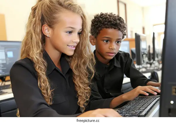 Two Children Working on a Computer in a Classroom