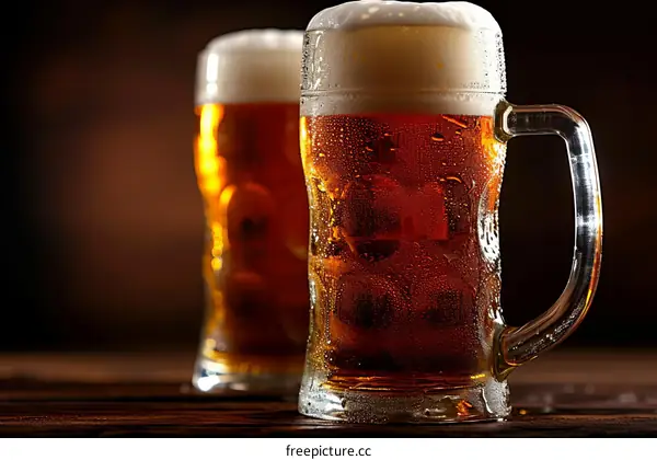 Two glasses of draft beer on a wooden table