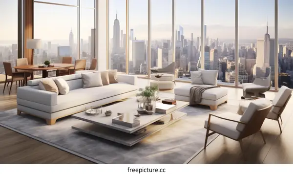 Modern living room interior with city view