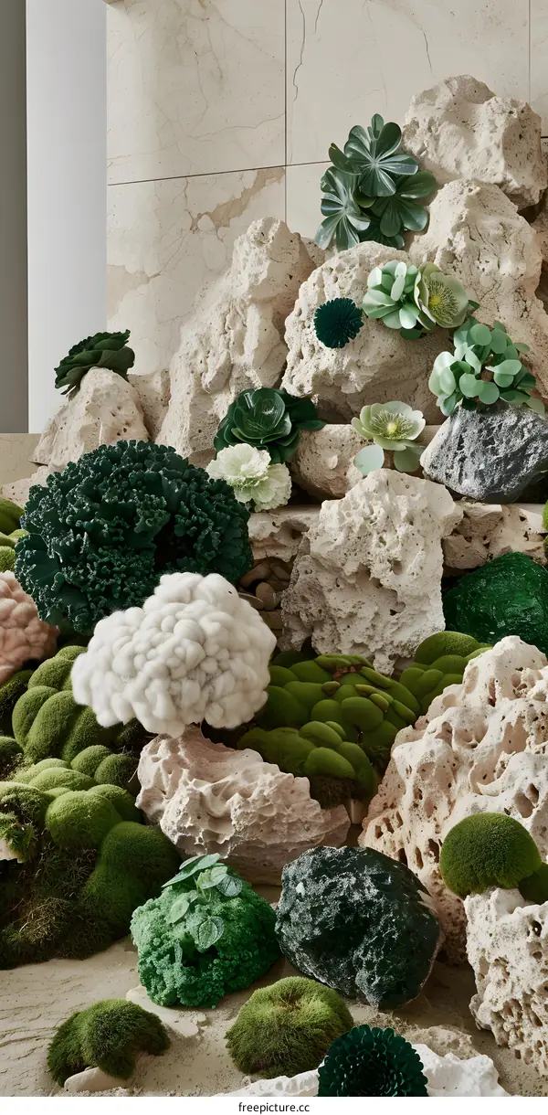 Green Plants and Rocks with White Background