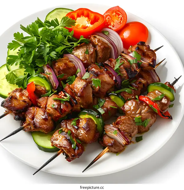 Grilled meat skewers with vegetables on a white plate