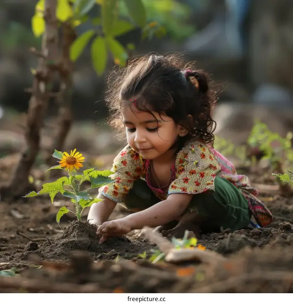 Little girl planting a sunflower in the garden