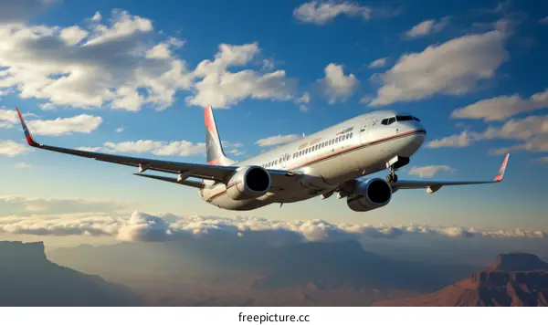 A Boeing 737 airplane is flying in the sky above the mountains.