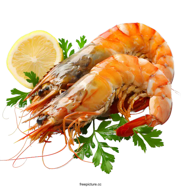 [Transparent Background PNG]Cooked king prawns with lemon and parsley