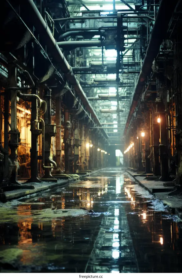 An abandoned and flooded factory building with pipes and catwalks