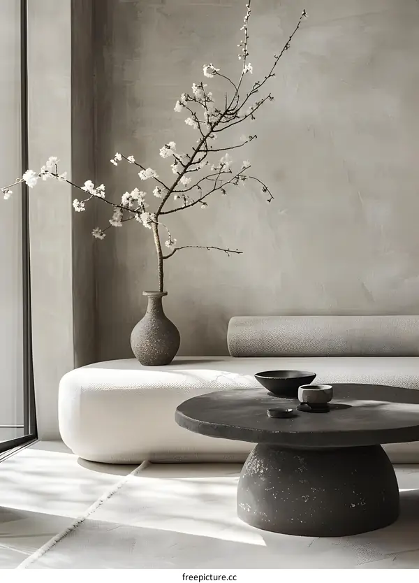 Minimalist Living Room Interior Design with White Flowers and a Concrete Coffee Table