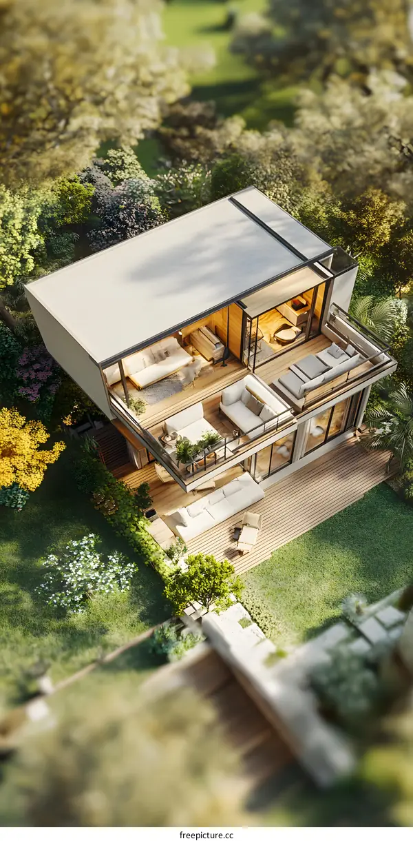 Modern House with Large Deck and Surrounding Greenery