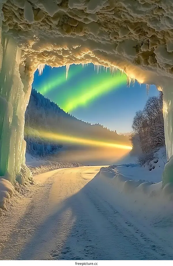 Snowy Road Through Icicle Tunnel With Northern Lights