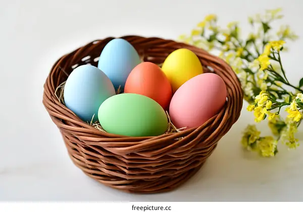 Colorful Easter Eggs in a Wicker Basket