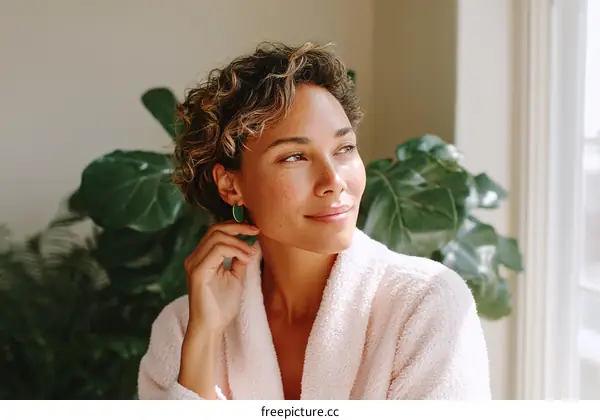 Woman in a Soft Pink Robe Relaxing by the Window