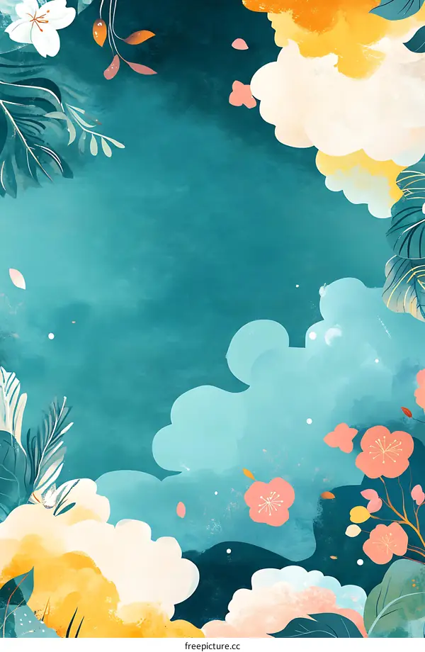 Abstract Spring Illustration with Flowers and Clouds