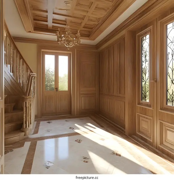 Wooden Staircase and Paneled Entryway in a Modern Home