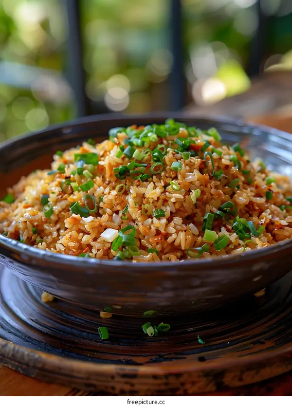 Delicious Fried Rice with Green Onions in a Brown Bowl