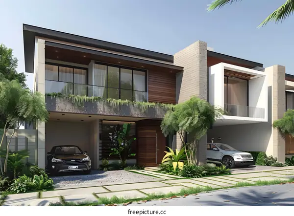 Modern Two Story House Exterior Design with Balconies