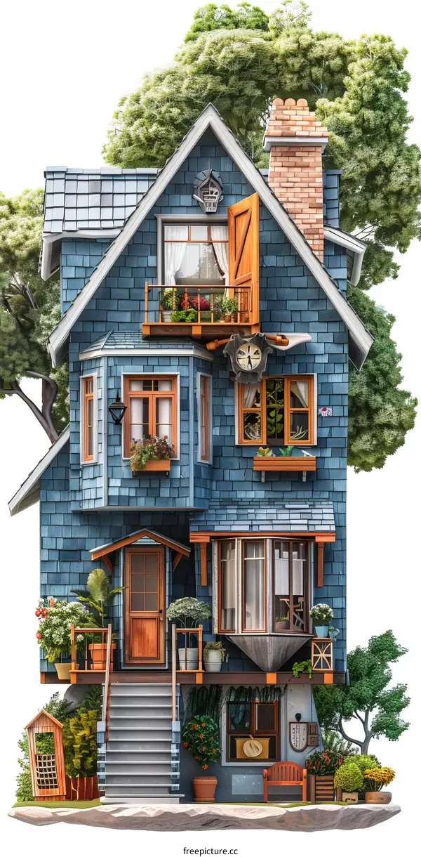 A cute cartoon house with a lot of plants and flowers