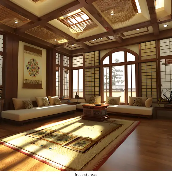 Traditional Japanese Living Room Interior Design With Wooden Beams And Skylight