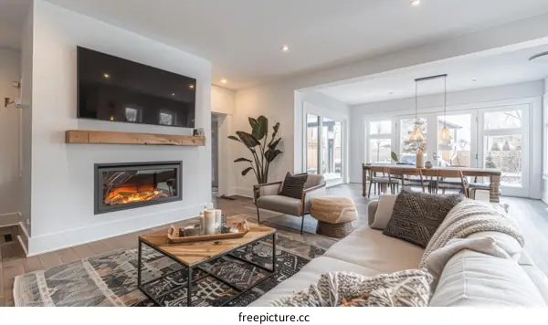 Bright White Farmhouse Living Room With Fireplace