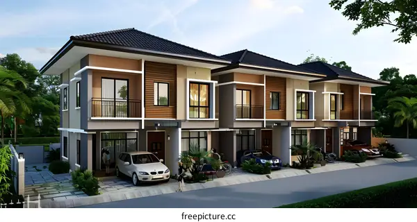 Modern Townhouse Architecture Design with a Car and Plants