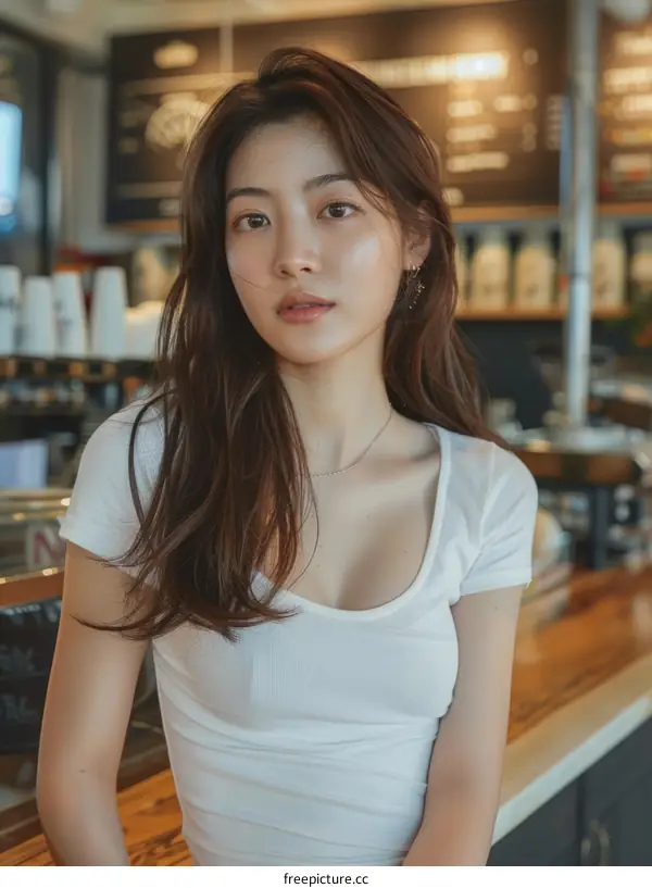 A photo of a beautiful young woman sitting in a cafe