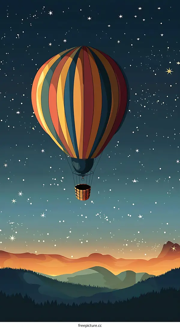 Hot Air Balloon Flying Over Mountains at Night