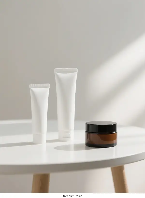 Three Cosmetic Containers on White Table with Soft Lighting