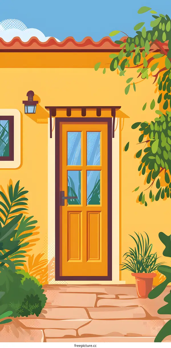 Yellow House Door with Green Plants
