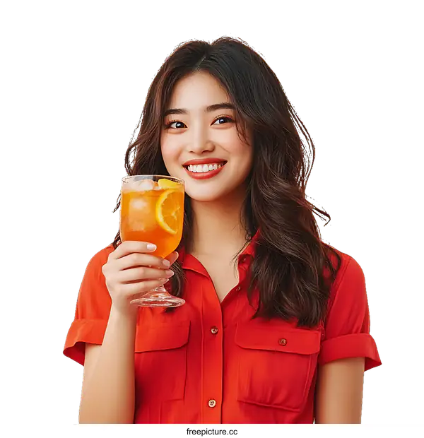 [Transparent Background PNG]Asian Woman Enjoying a Refreshing Drink